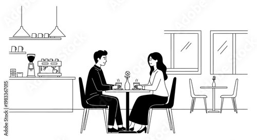 Couple conversing and drinking coffee at table in cafe vector illustration