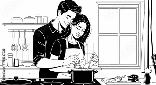 Couple cooking together in modern kitchen preparing food illustration