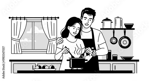 Couple cooking together in modern kitchen preparing food illustration