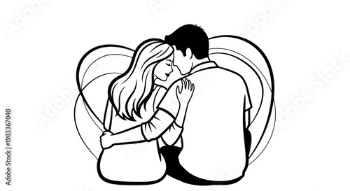 Couple embraces in front of heart outline illustration representing love and affection