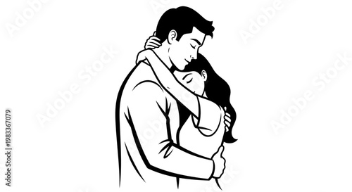 Couple embracing monochrome vector illustration expressing affection and togetherness