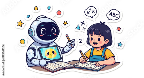 Cute robot and child learning together with books and pencils