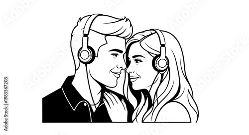 Couple in headphones sharing a moment vector illustration design