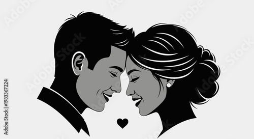 Couple in love silhouette joyful faces and heart symbol on white background
