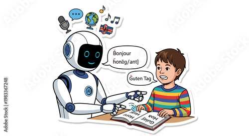 Robot teaching a young boy, educational technology concept