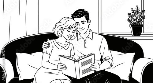Couple reading together on a sofa sharing moments and connection indoors