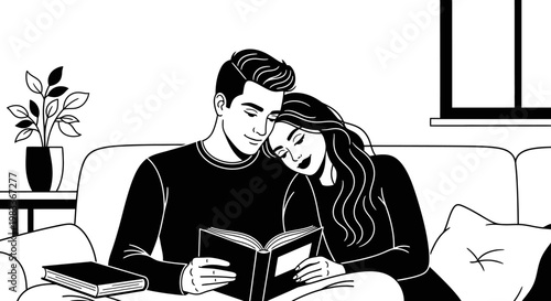 Couple reading book together on sofa interior monochrome illustration
