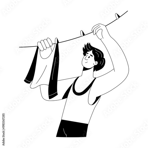 A glyph style illustration showing a person hanging clothes 

