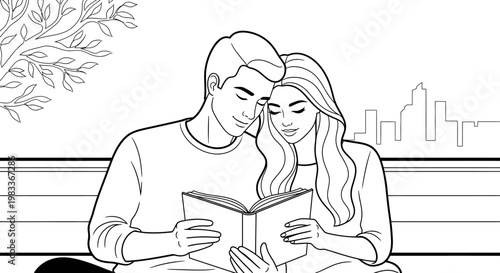 Couple reading together outdoors with a book black and white line art vector