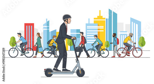 City commuter riding electric scooter among cyclists