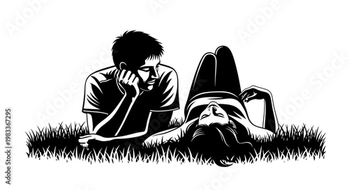 Couple relaxing on grass black and white vector illustration for design
