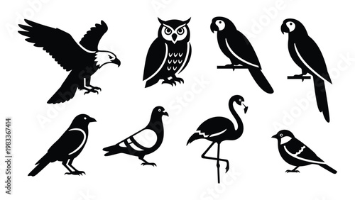 A collection of black and white avian icons depicting diverse bird species in flight and at rest