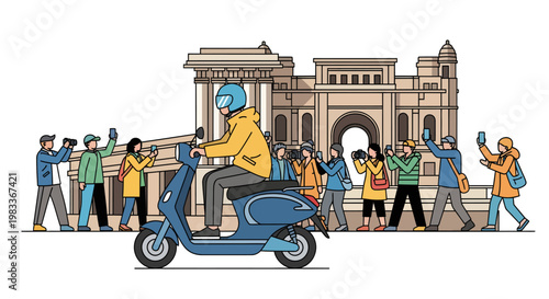 Delivery rider on scooter in front of Gateway of India, Mumbai