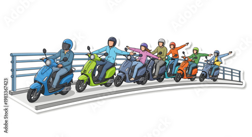 group of people riding scooters on a bridge