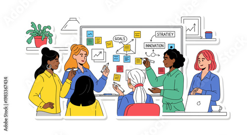 Diverse team collaborating on sticky notes in meeting room