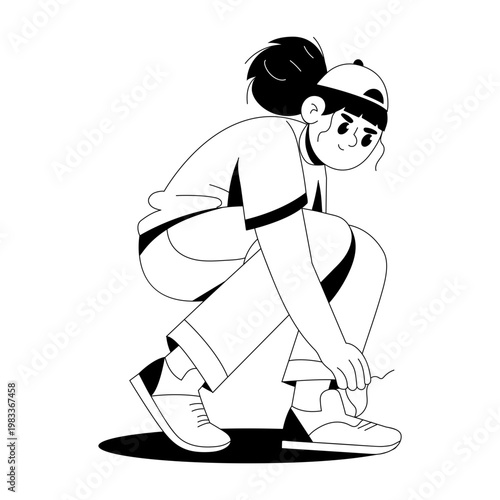 A glyph style illustration showing a person tying shoes 
