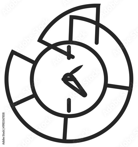 Minimalist black vector icon of a clock surrounded by geometric segments, symbolizing time management, scheduling, and productivity. Clean line art illustration for business and planning apps.