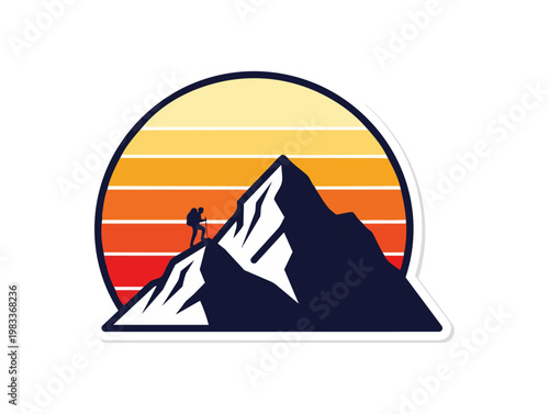 Mountain climber silhouette over sunset vector illustration