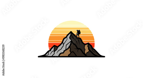 Mountain climber silhouette over sunset vector illustration