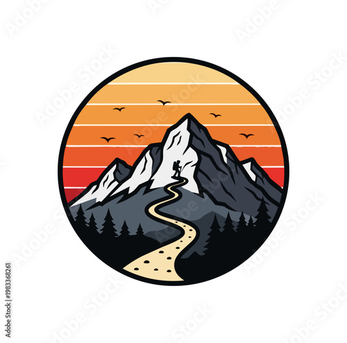 Mountain climber silhouette reaching summit against sunset background