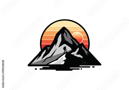 Mountain climber silhouette reaching summit against sunset