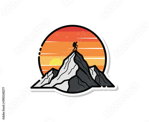 Mountain climber silhouette reaching summit at sunset emblem illustration