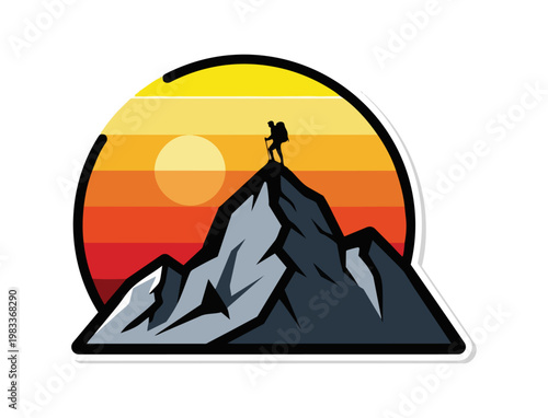 Mountain climber silhouette reaching summit at sunset with copy space