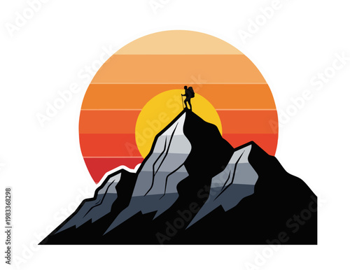 Mountain climber silhouette reaching summit at sunset