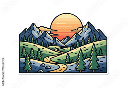 Mountain landscape illustration with rising sun and scenic trail