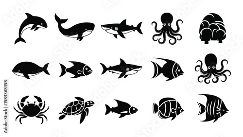 A collection of black silhouette icons depicting various marine life including whales sharks and octopuses