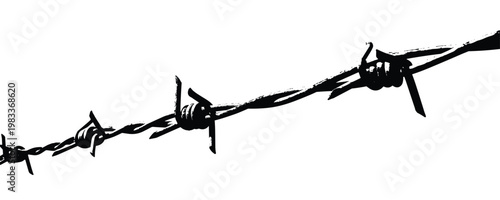 Vector illustration of sharp barbed wire fence strand on grey background.