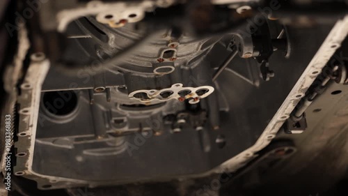 Removing rubber part from automatic transmission unit from underneath a care suspended on car lift. Close up. 