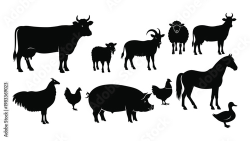 A collection of farm animal silhouettes including cows horses pigs chickens and a duck high quality