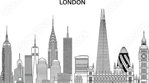 Minimalist black and white line art illustration representing the iconic metropolitan city skyline of London for modern graphic design projects