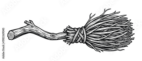 Witch broom vector engraving illustration for halloween magic mystical design art.