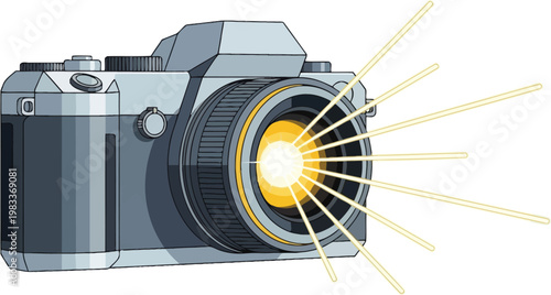 Modern digital camera captures a bright glowing light burst emanating from the central lens during a professional photography session shoot
