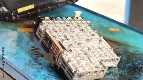 Cleaning inside of automatic car transmission, close up. 