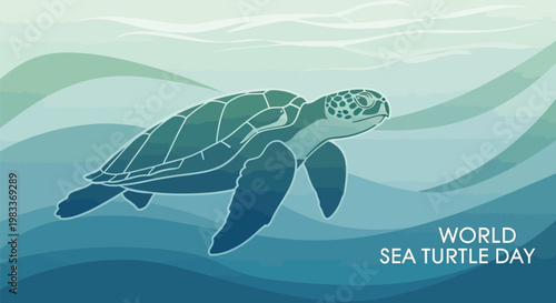 An elegant sea turtle gracefully swims through the stylized ocean depths, representing the important annual World Sea Turtle Day celebration.