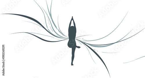 Abstract illustration of a person practicing a tranquil yoga tree pose, embodying balance, harmony, and inner peace amidst flowing, graceful lines.