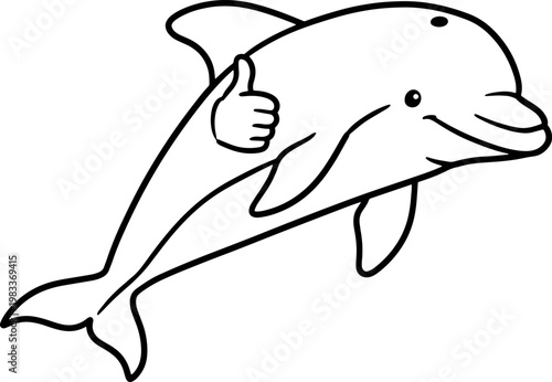 Cartoon Dolphin with Thumbs Up in Simple Line Drawing for Kids or Educational Material