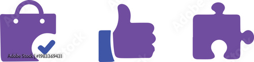 Purple E-commerce Icons Set Shopping Bag With Checkmark Thumbs Up And Puzzle Piece Vector Illustration