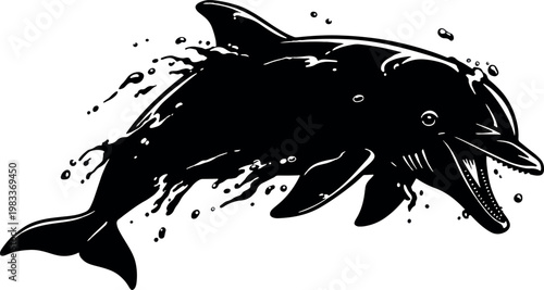 Black Silhouette of a Dolphin Leaping Out of Water in Motion Artistic Style