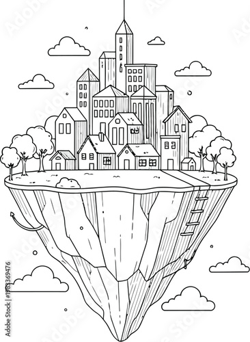 Whimsical line art illustration portraying a charming small city nestled atop a fantastical floating island with fluffy clouds in the sky.