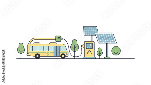 Electric bus charges at green energy station with solar panels