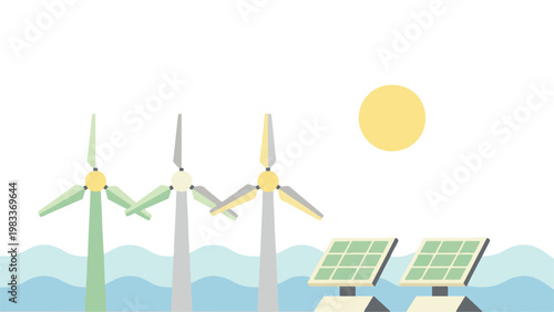 Green energy concept with solar panels and wind turbines