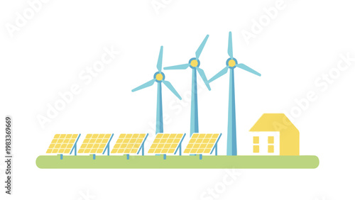 Illustration of green energy farm with solar panels and wind turbines near a house