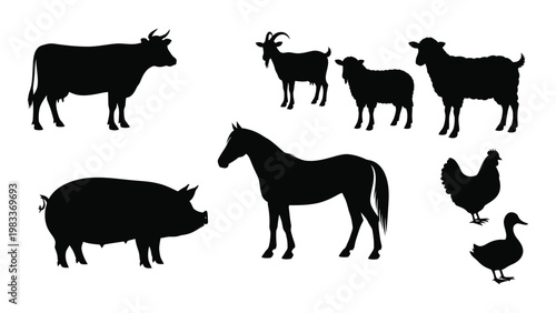 A collection of black silhouette farm animals including a cow horse pig sheep goat and fowl