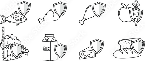 Various food items depicted with shield icons representing nutritional safety health quality assurance and secure dietary choices for healthy living