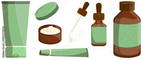Skincare set of natural products including amber glass dropper bottles, cream jars, and squeeze tubes with green labels. Skincare steps, beauty routine. Ideal for natural cosmetics, wellness branding.