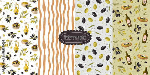 Seamless patterns with olive oil and olives. Mediterranean food. Vector illustration.